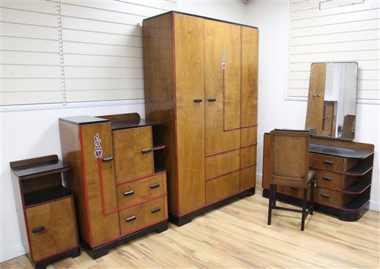 An Art Deco walnut and ebonised five piece bedroom suite, by Raleigh Furniture, wardrobe W.4ft